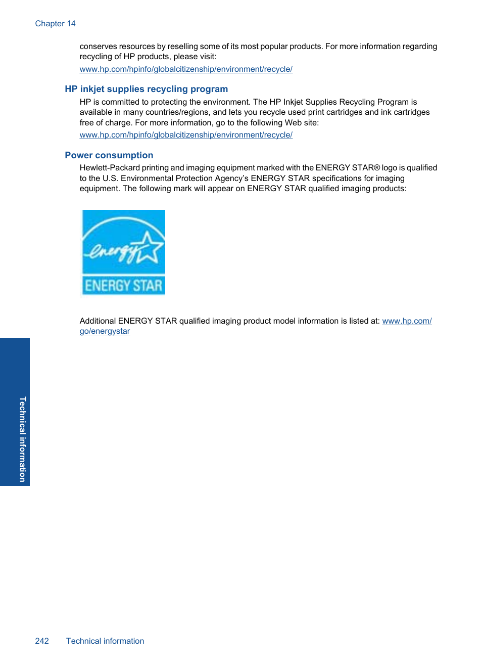 Hp inkjet supplies recycling program, Power consumption | HP Photosmart Premium Fax C410 User Manual | Page 244 / 264