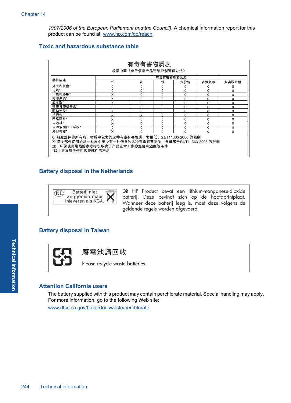 Toxic and hazardous substance table, Battery disposal in the netherlands, Battery disposal in taiwan | Attention california users | HP Photosmart Premium Fax C410 User Manual | Page 246 / 264