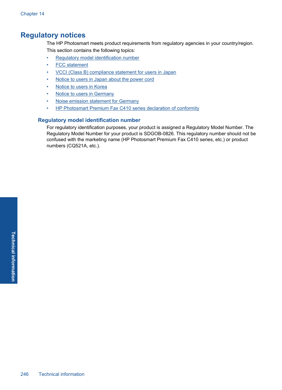 Regulatory notices, Regulatory model identification number | HP Photosmart Premium Fax C410 User Manual | Page 248 / 264