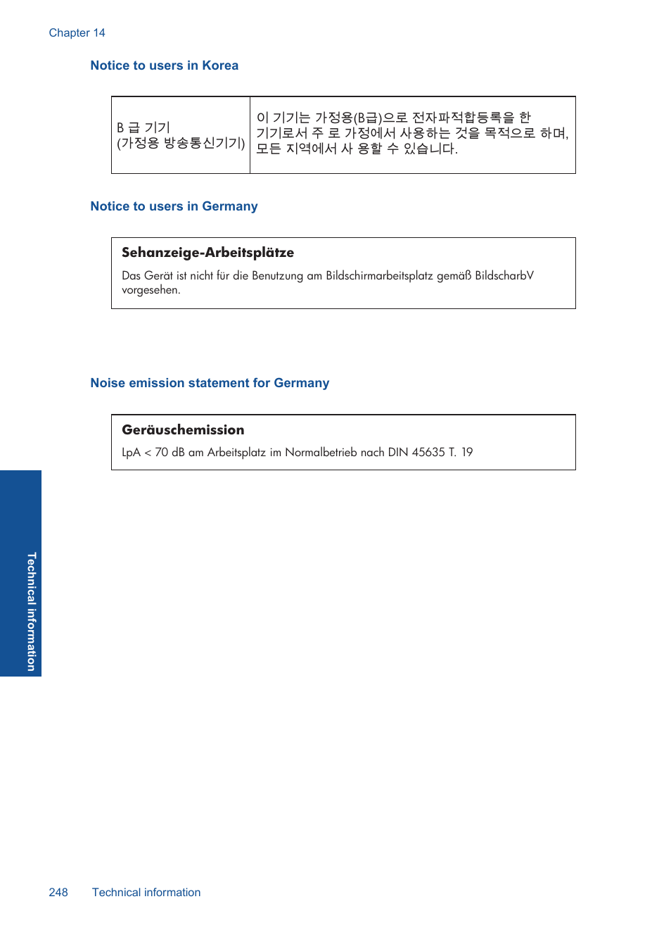 Notice to users in korea, Notice to users in germany, Noise emission statement for germany | HP Photosmart Premium Fax C410 User Manual | Page 250 / 264