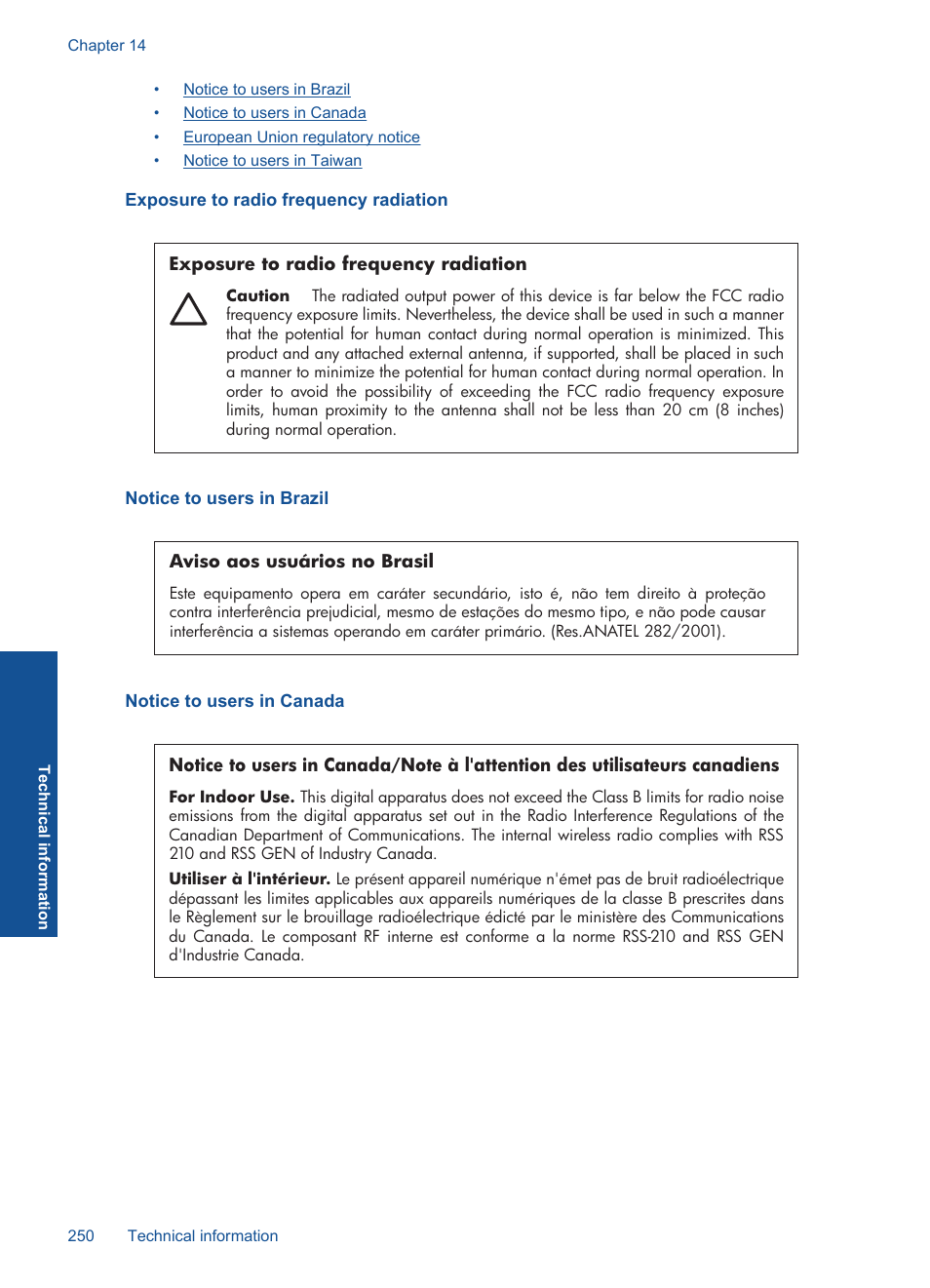 Exposure to radio frequency radiation, Notice to users in brazil, Notice to users in canada | HP Photosmart Premium Fax C410 User Manual | Page 252 / 264