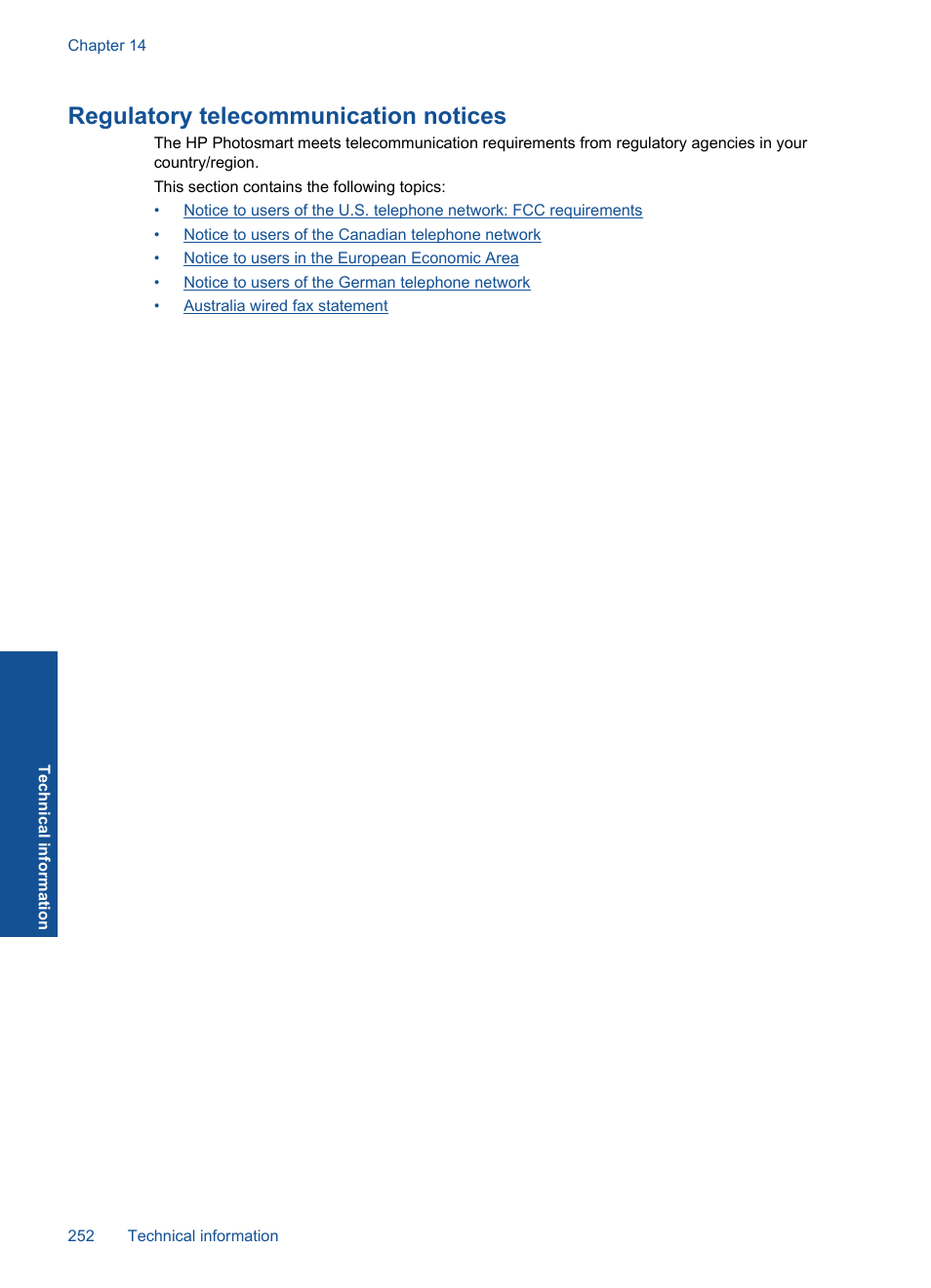 Regulatory telecommunication notices | HP Photosmart Premium Fax C410 User Manual | Page 254 / 264