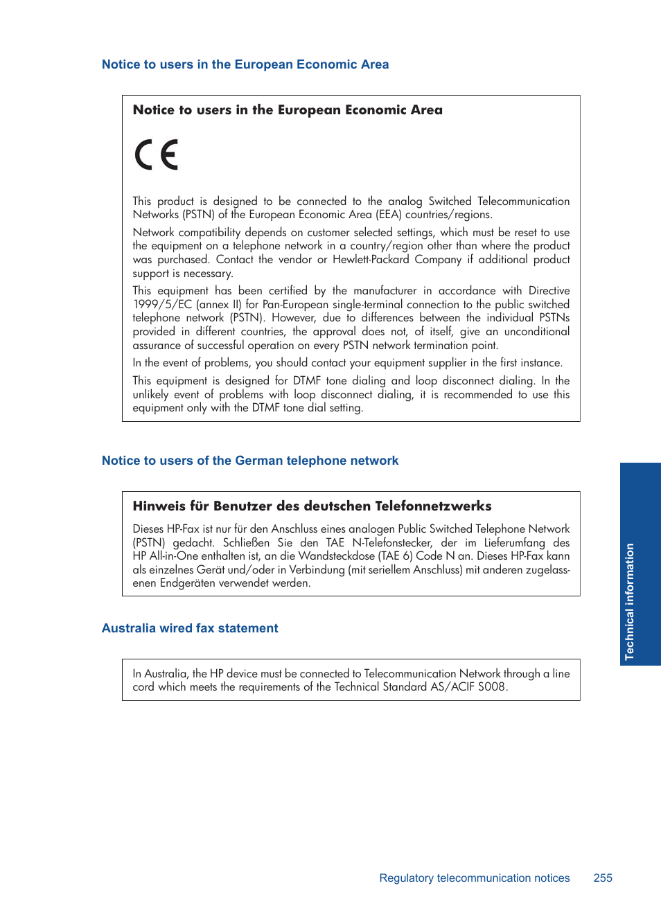 Notice to users in the european economic area, Notice to users of the german telephone network, Australia wired fax statement | HP Photosmart Premium Fax C410 User Manual | Page 257 / 264