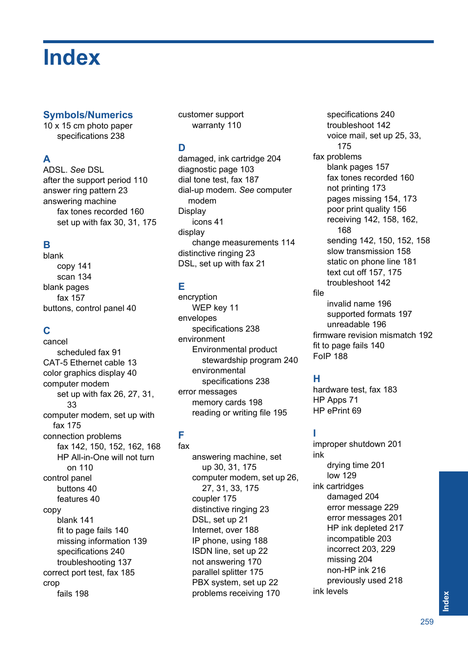 Index | HP Photosmart Premium Fax C410 User Manual | Page 261 / 264