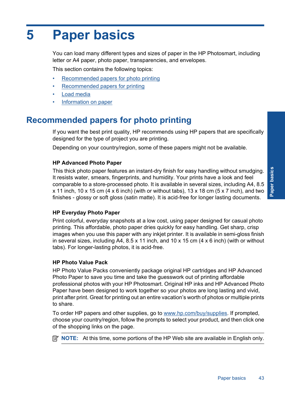5paper basics, Recommended papers for photo printing | HP Photosmart Premium Fax C410 User Manual | Page 45 / 264
