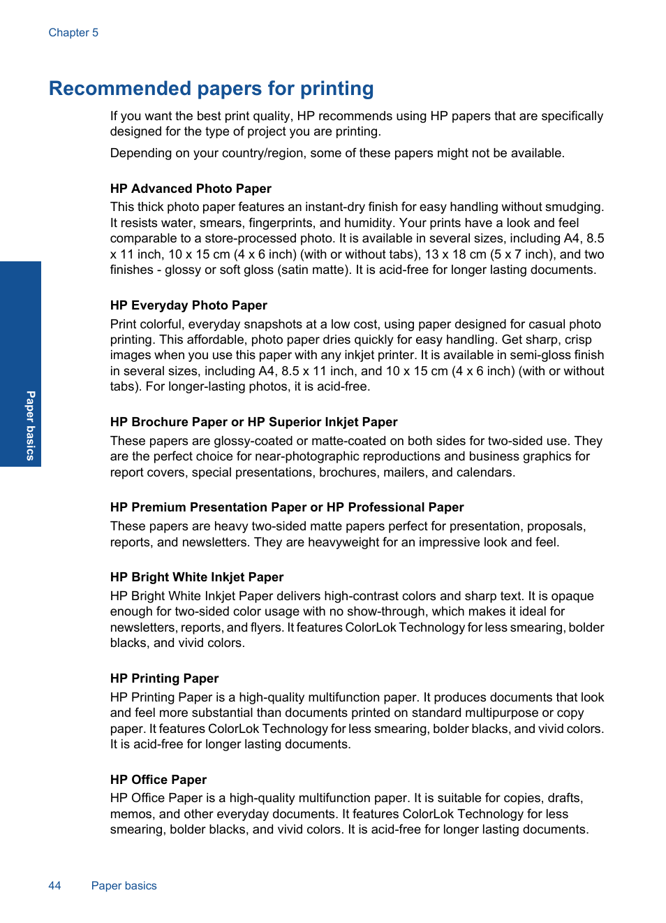 Recommended papers for printing | HP Photosmart Premium Fax C410 User Manual | Page 46 / 264