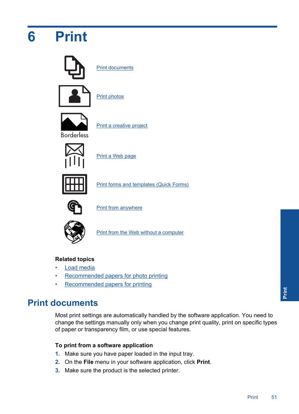 Print, Print documents, 6 print | Print a variety of documents, 6print | HP Photosmart Premium Fax C410 User Manual | Page 53 / 264