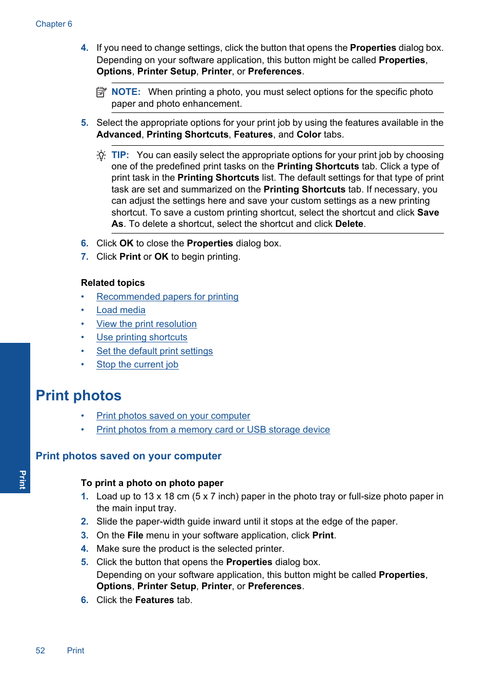 Print photos | HP Photosmart Premium Fax C410 User Manual | Page 54 / 264
