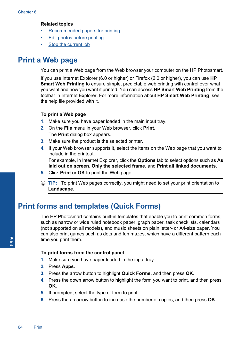 Print forms and templates (quick forms), Print a web page | HP Photosmart Premium Fax C410 User Manual | Page 66 / 264