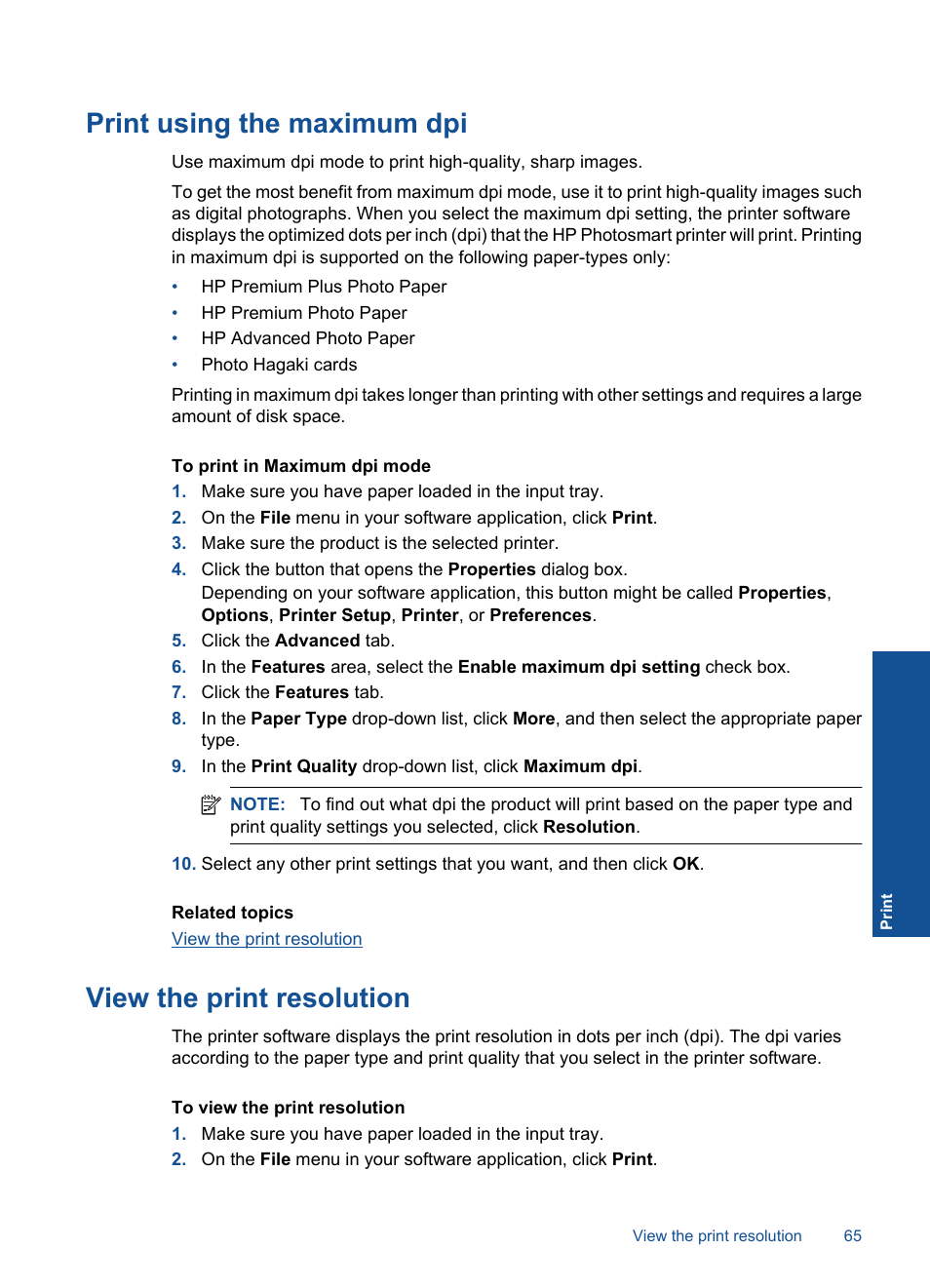 View the print resolution, Print using the maximum dpi | HP Photosmart Premium Fax C410 User Manual | Page 67 / 264
