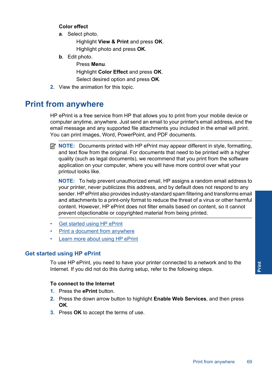 Print from anywhere, Get started using hp eprint | HP Photosmart Premium Fax C410 User Manual | Page 71 / 264