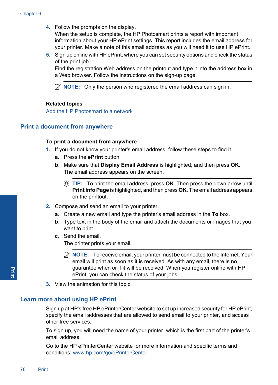 Print a document from anywhere, Learn more about using hp eprint | HP Photosmart Premium Fax C410 User Manual | Page 72 / 264