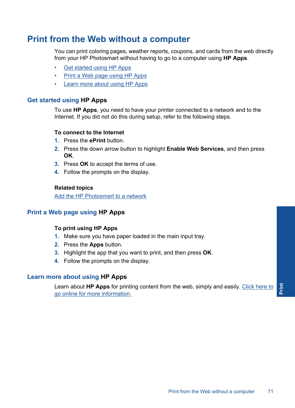 Print from the web without a computer, Get started using hp apps, Learn more about using hp apps | HP Photosmart Premium Fax C410 User Manual | Page 73 / 264