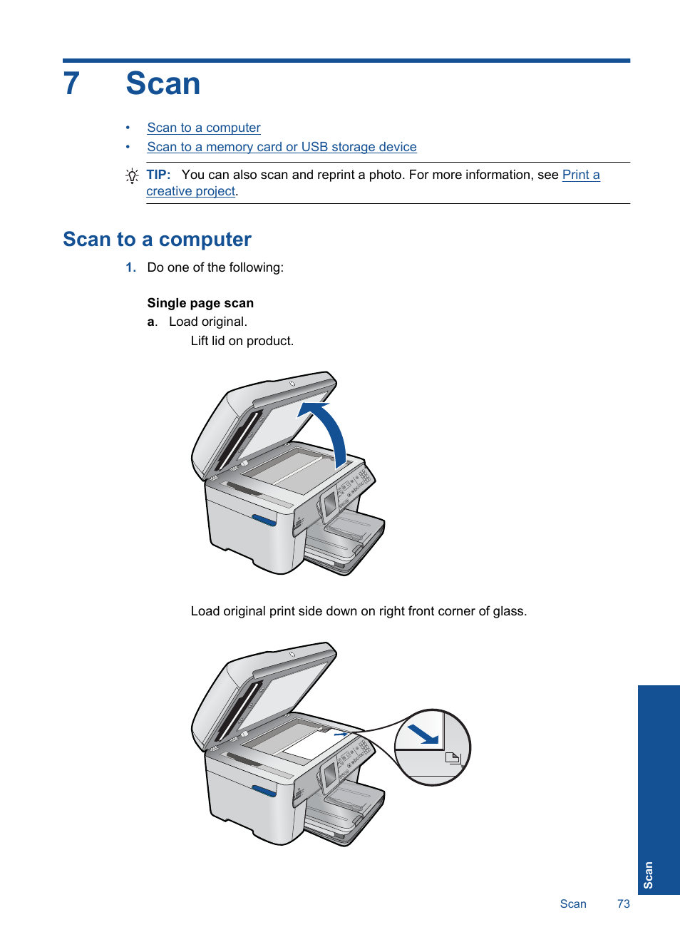 Scan, Scan to a computer, 7 scan | Scan documents and photos, 7scan | HP Photosmart Premium Fax C410 User Manual | Page 75 / 264