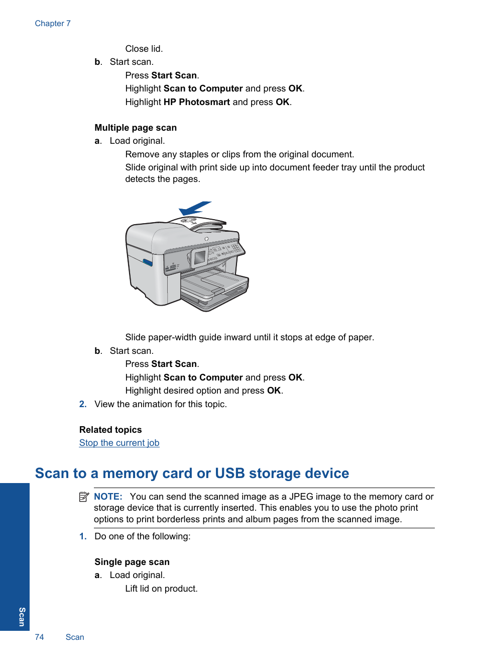 Scan to a memory card or usb storage device | HP Photosmart Premium Fax C410 User Manual | Page 76 / 264