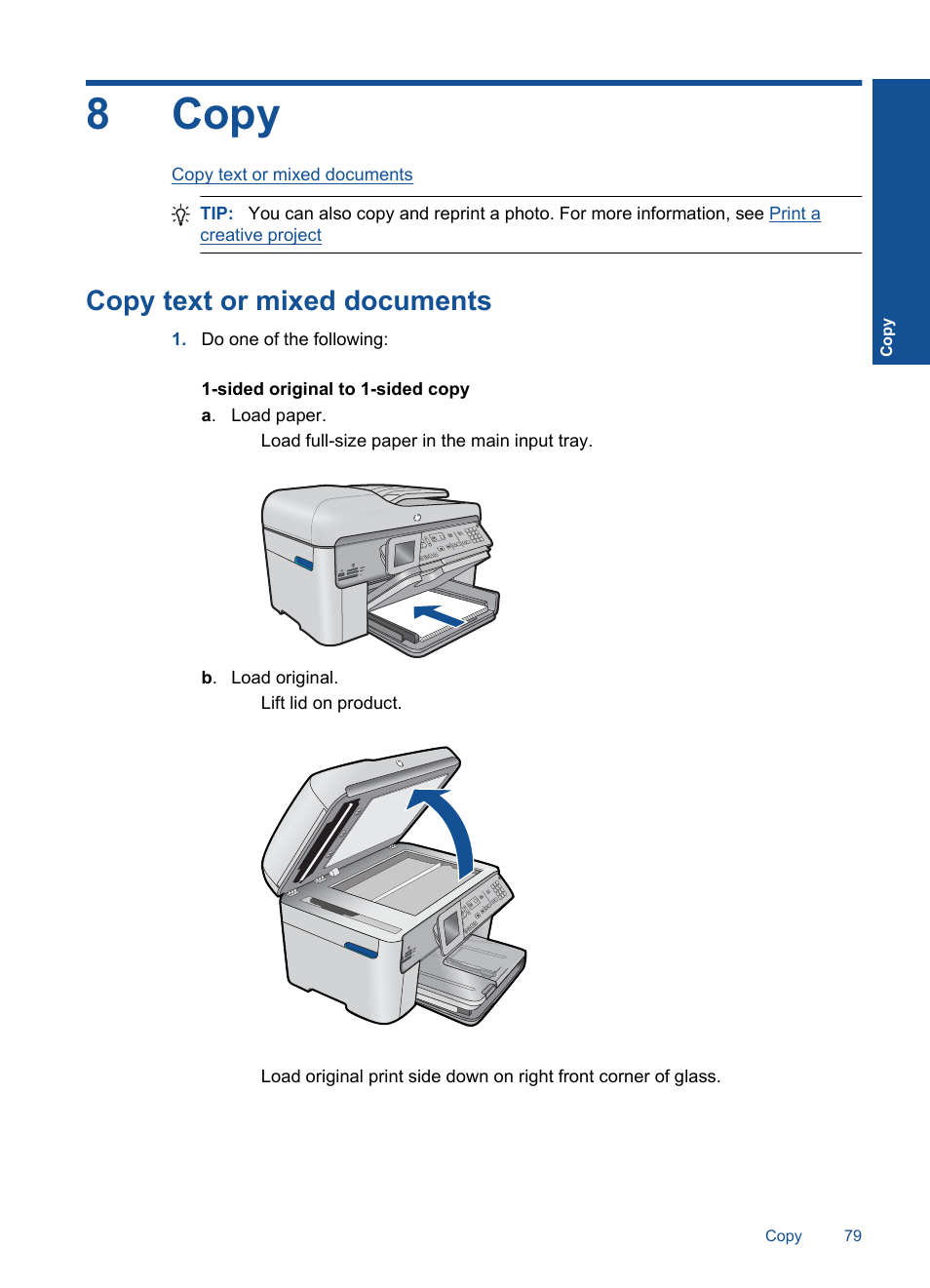 Copy, Copy text or mixed documents, 8 copy | Make a copy, 8copy | HP Photosmart Premium Fax C410 User Manual | Page 81 / 264