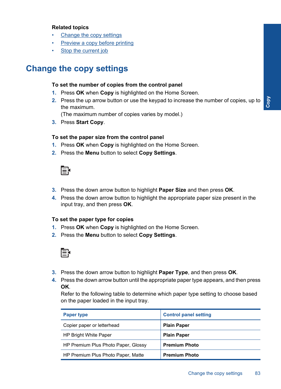 Change the copy settings | HP Photosmart Premium Fax C410 User Manual | Page 85 / 264