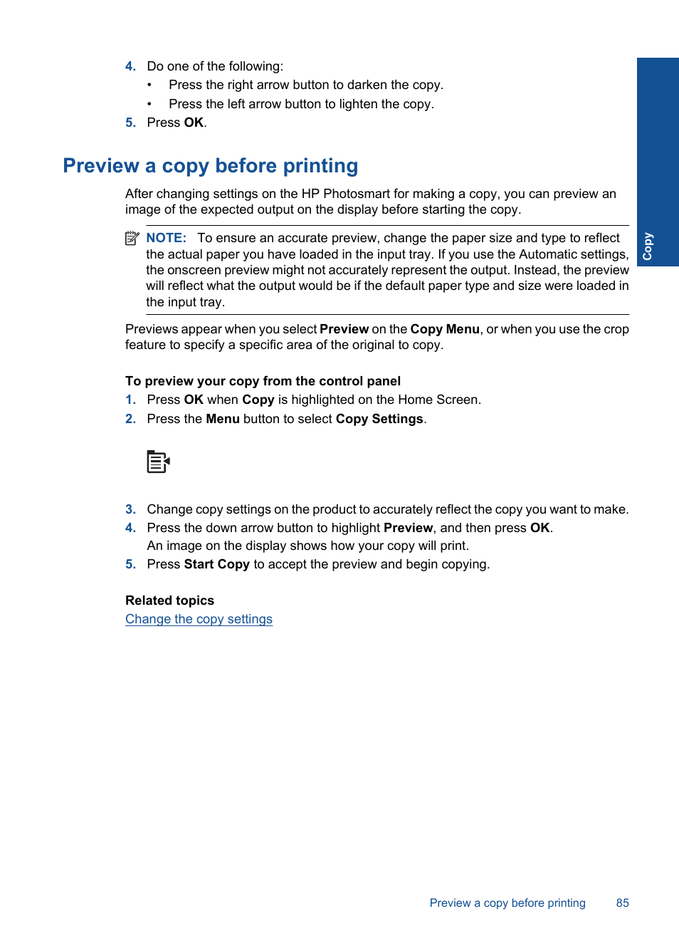 Preview a copy before printing | HP Photosmart Premium Fax C410 User Manual | Page 87 / 264