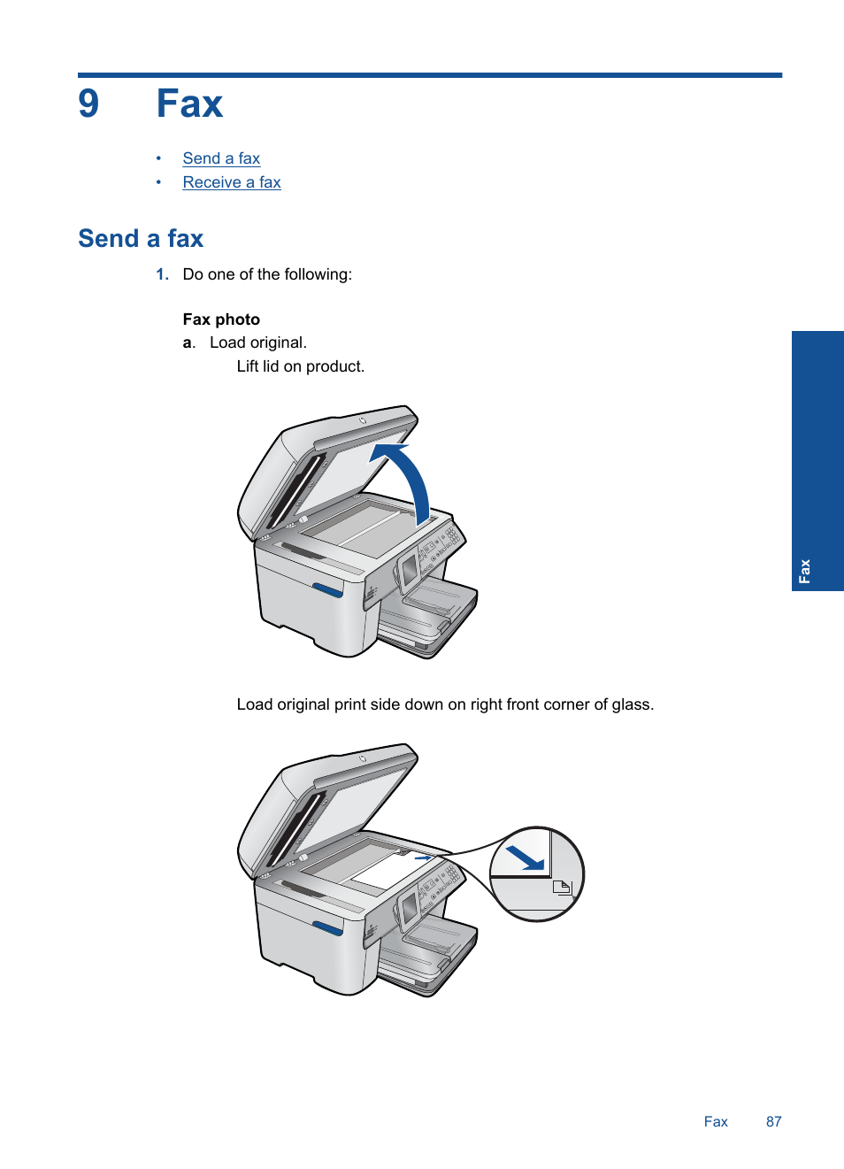 Send a fax, 9 fax, Send and receive faxes | 9fax | HP Photosmart Premium Fax C410 User Manual | Page 89 / 264