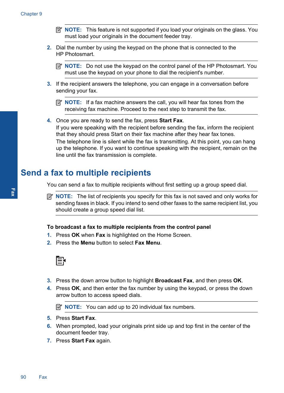 Send a fax to multiple recipients | HP Photosmart Premium Fax C410 User Manual | Page 92 / 264