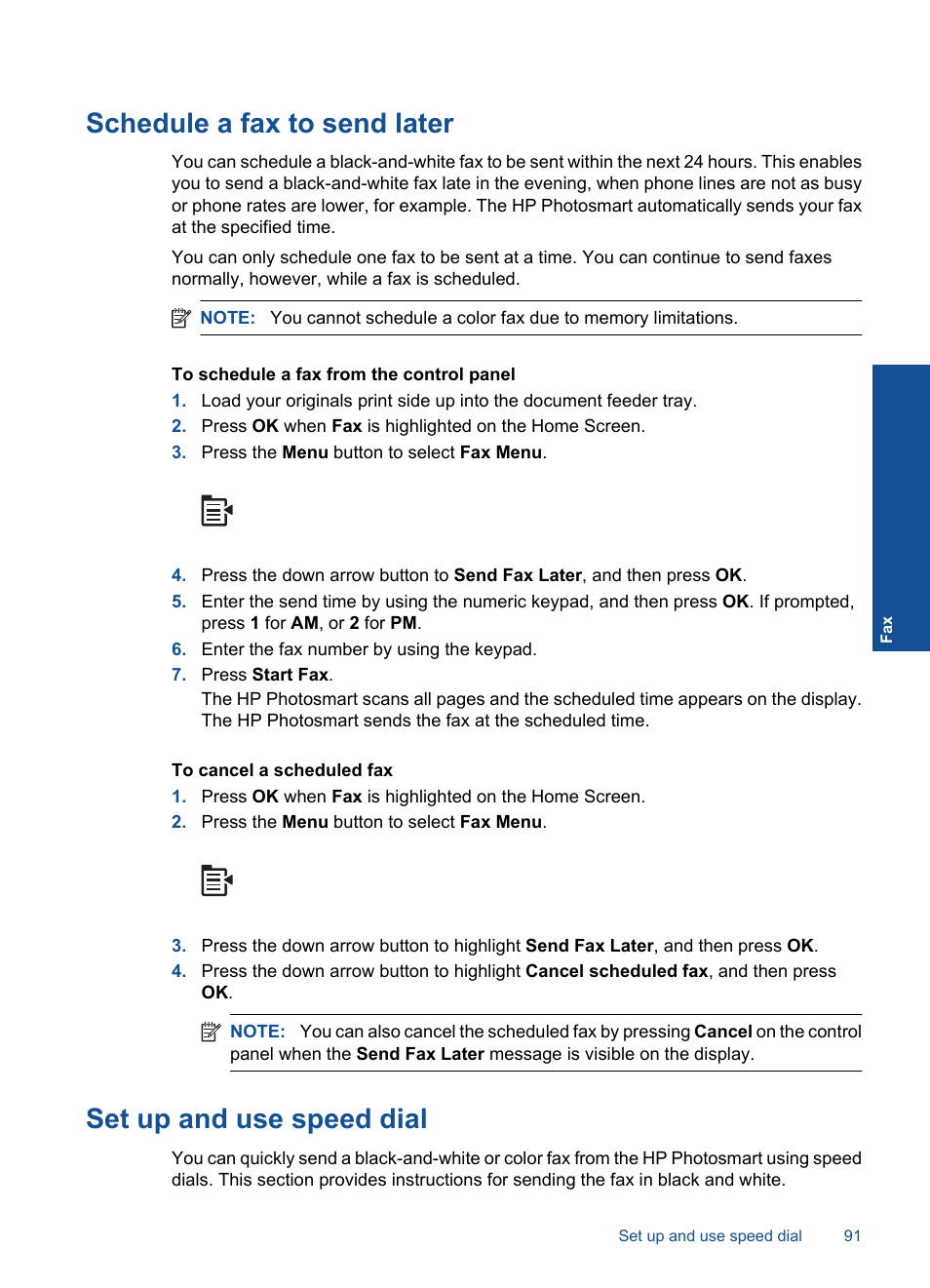 Schedule a fax to send later, Set up and use speed dial | HP Photosmart Premium Fax C410 User Manual | Page 93 / 264