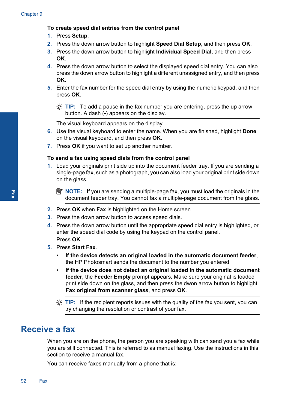 Receive a fax | HP Photosmart Premium Fax C410 User Manual | Page 94 / 264