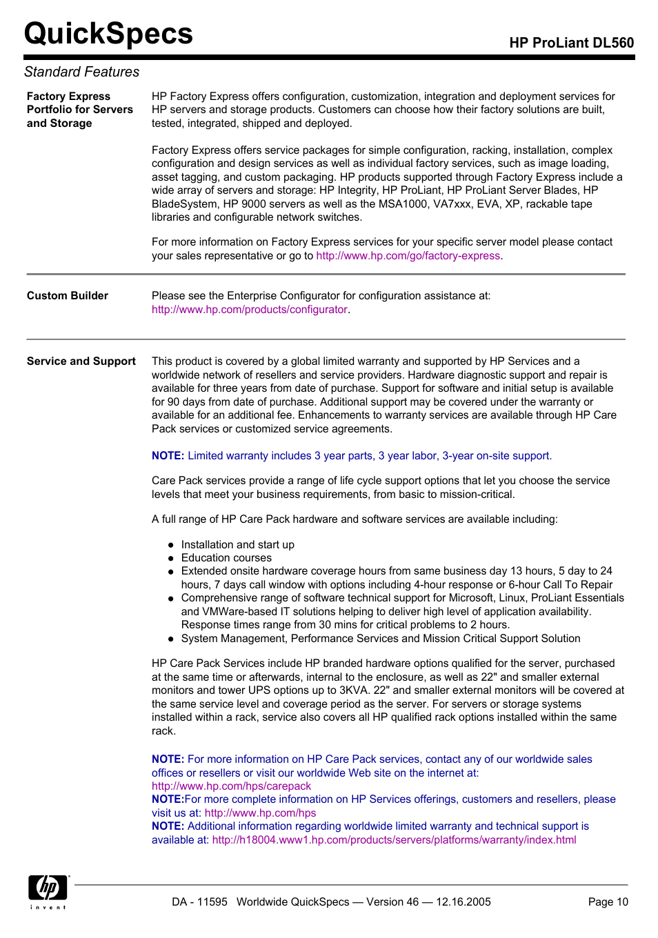 Quickspecs, Hp proliant dl560 standard features | HP DL560 User Manual | Page 10 / 35