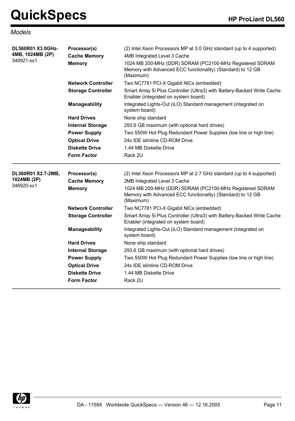 Models, Quickspecs, Hp proliant dl560 models | HP DL560 User Manual | Page 11 / 35