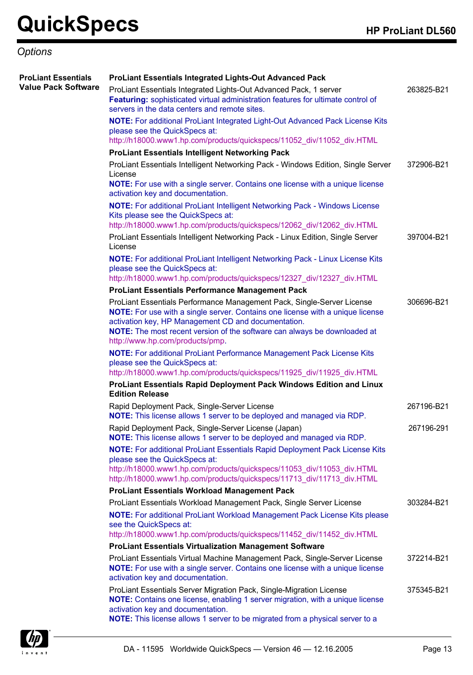 Options, Quickspecs, Hp proliant dl560 options | HP DL560 User Manual | Page 13 / 35