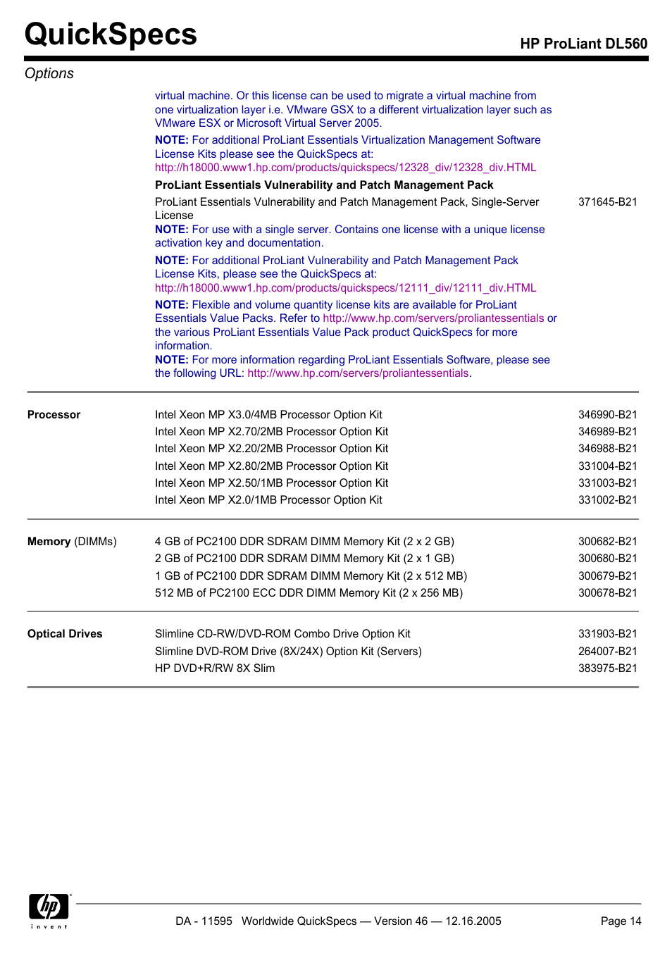 Quickspecs, Hp proliant dl560 options | HP DL560 User Manual | Page 14 / 35
