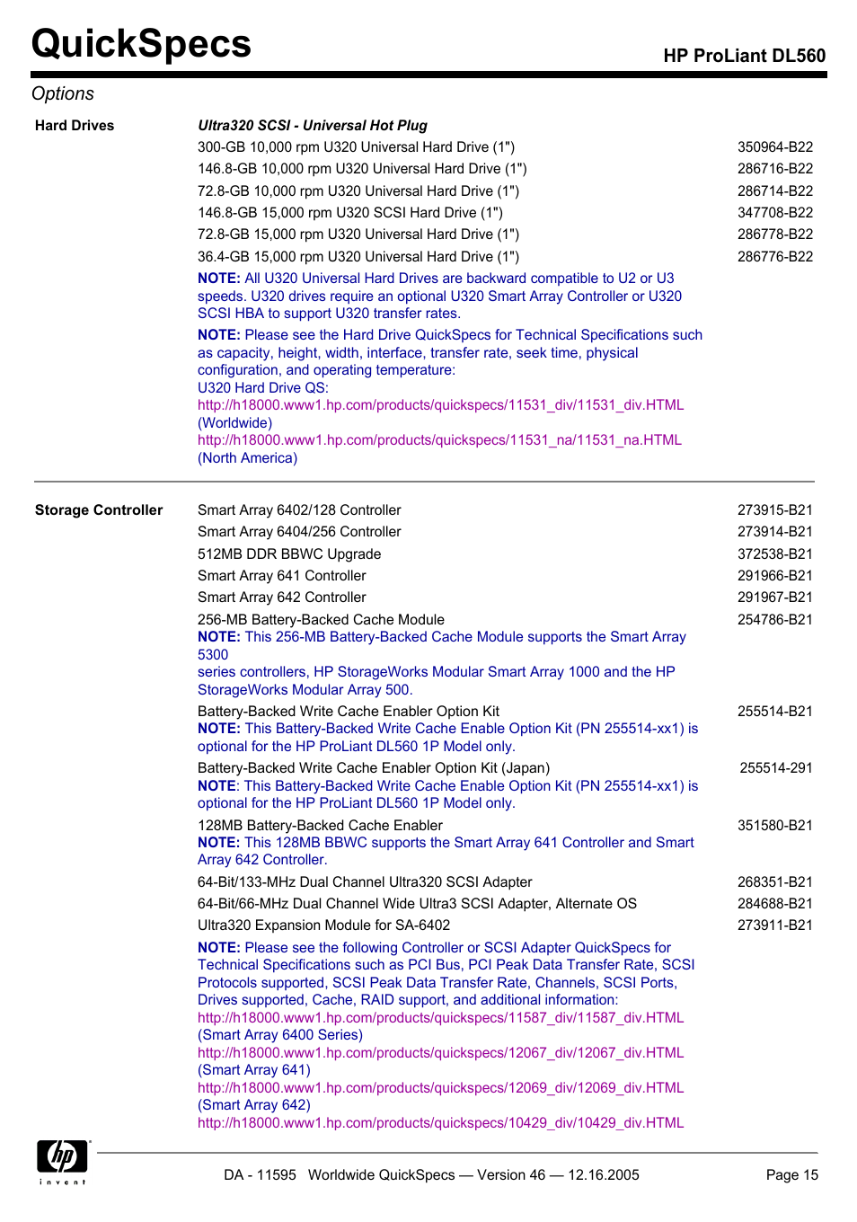 Quickspecs, Hp proliant dl560 options | HP DL560 User Manual | Page 15 / 35