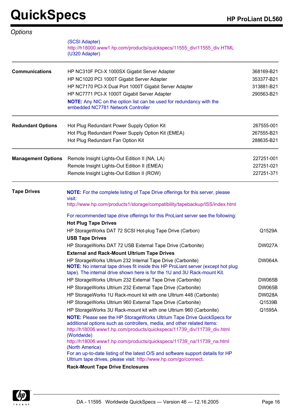 Quickspecs, Hp proliant dl560 options | HP DL560 User Manual | Page 16 / 35