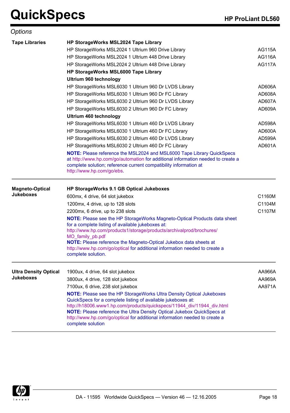 Quickspecs, Hp proliant dl560 options | HP DL560 User Manual | Page 18 / 35