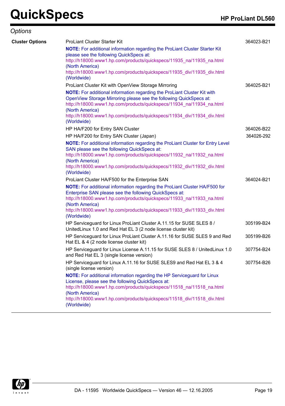 Quickspecs, Hp proliant dl560 options | HP DL560 User Manual | Page 19 / 35