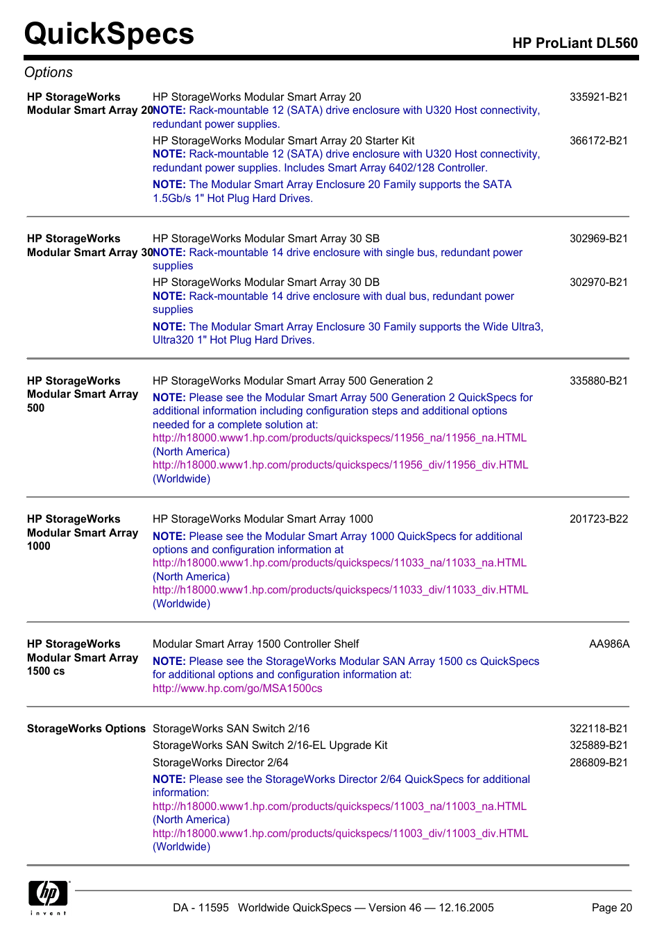 Quickspecs, Hp proliant dl560 options | HP DL560 User Manual | Page 20 / 35
