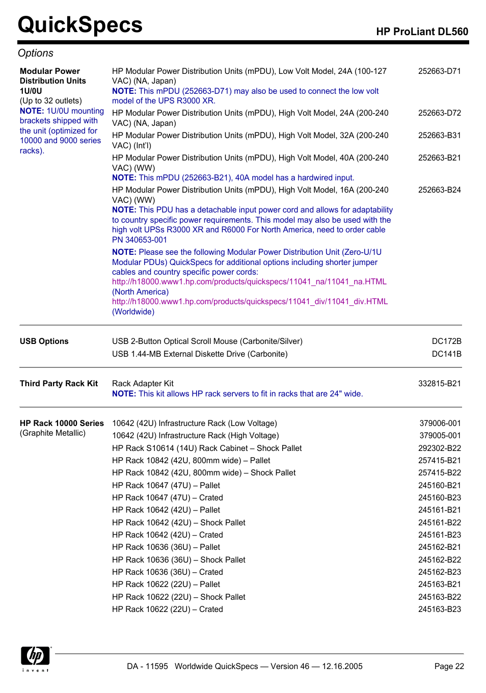 Quickspecs, Hp proliant dl560 options | HP DL560 User Manual | Page 22 / 35