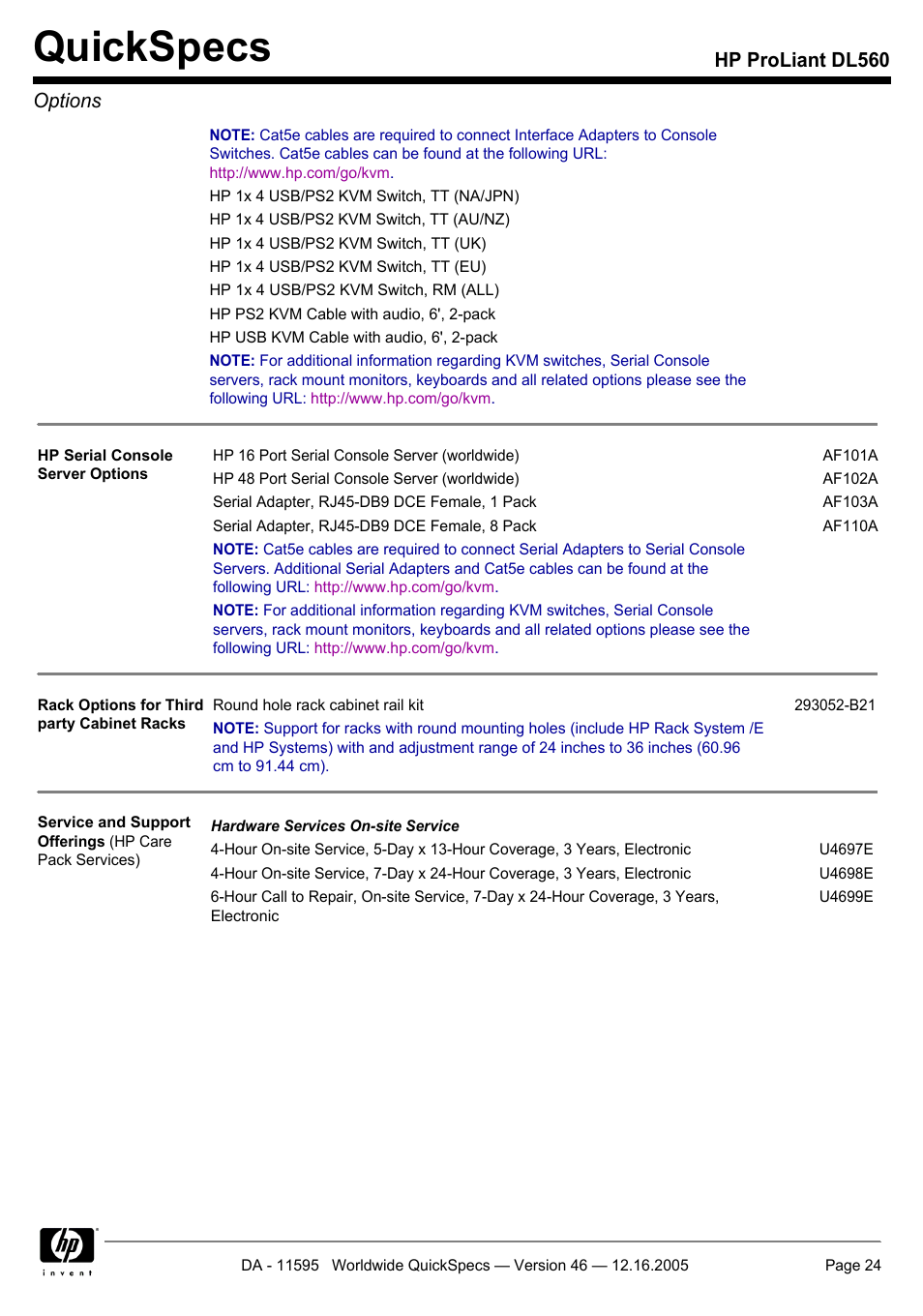 Quickspecs, Hp proliant dl560 options | HP DL560 User Manual | Page 24 / 35