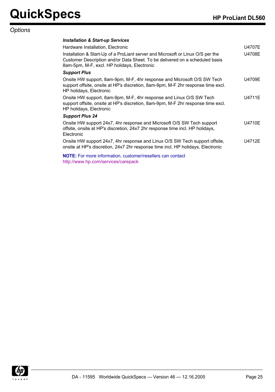 Quickspecs, Hp proliant dl560 options | HP DL560 User Manual | Page 25 / 35