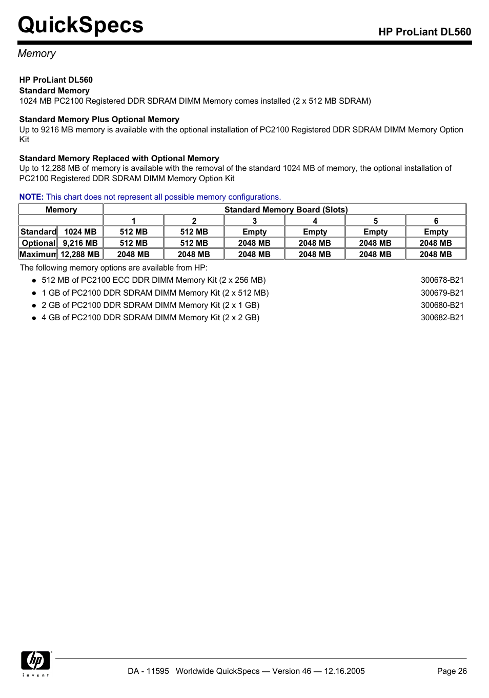 Memory, Quickspecs | HP DL560 User Manual | Page 26 / 35