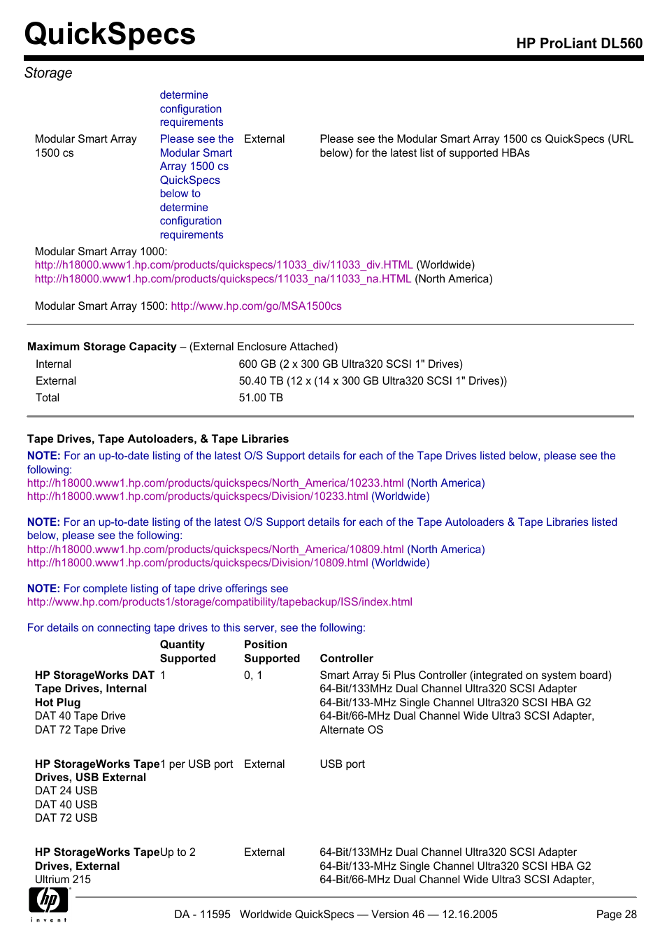 Quickspecs, Hp proliant dl560 storage | HP DL560 User Manual | Page 28 / 35