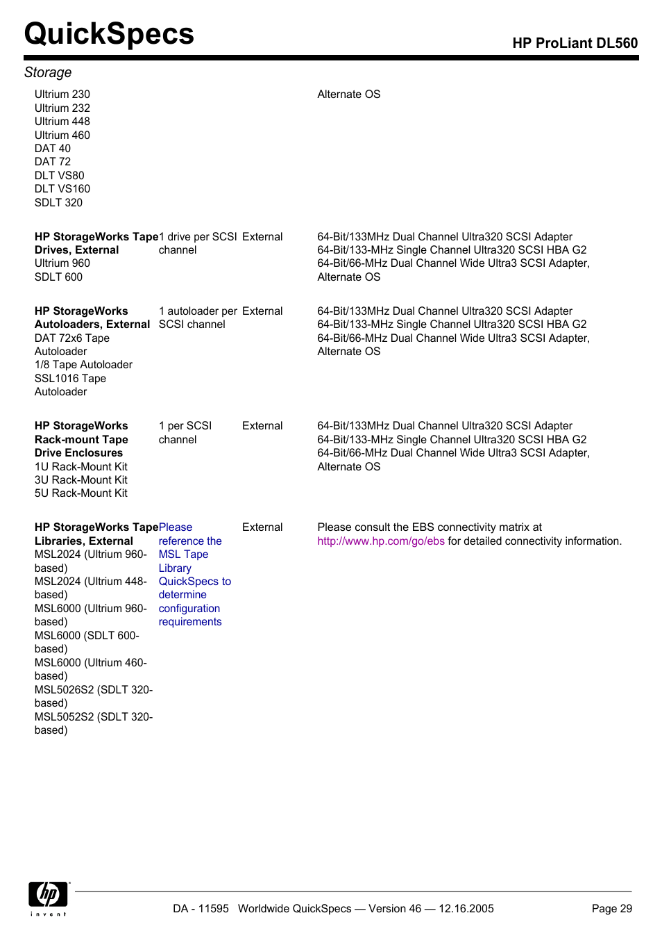 Quickspecs, Hp proliant dl560 storage | HP DL560 User Manual | Page 29 / 35