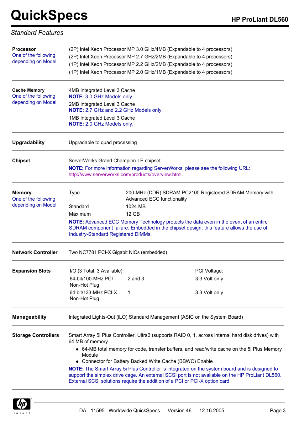 Standard features, Quickspecs, Hp proliant dl560 standard features | HP DL560 User Manual | Page 3 / 35
