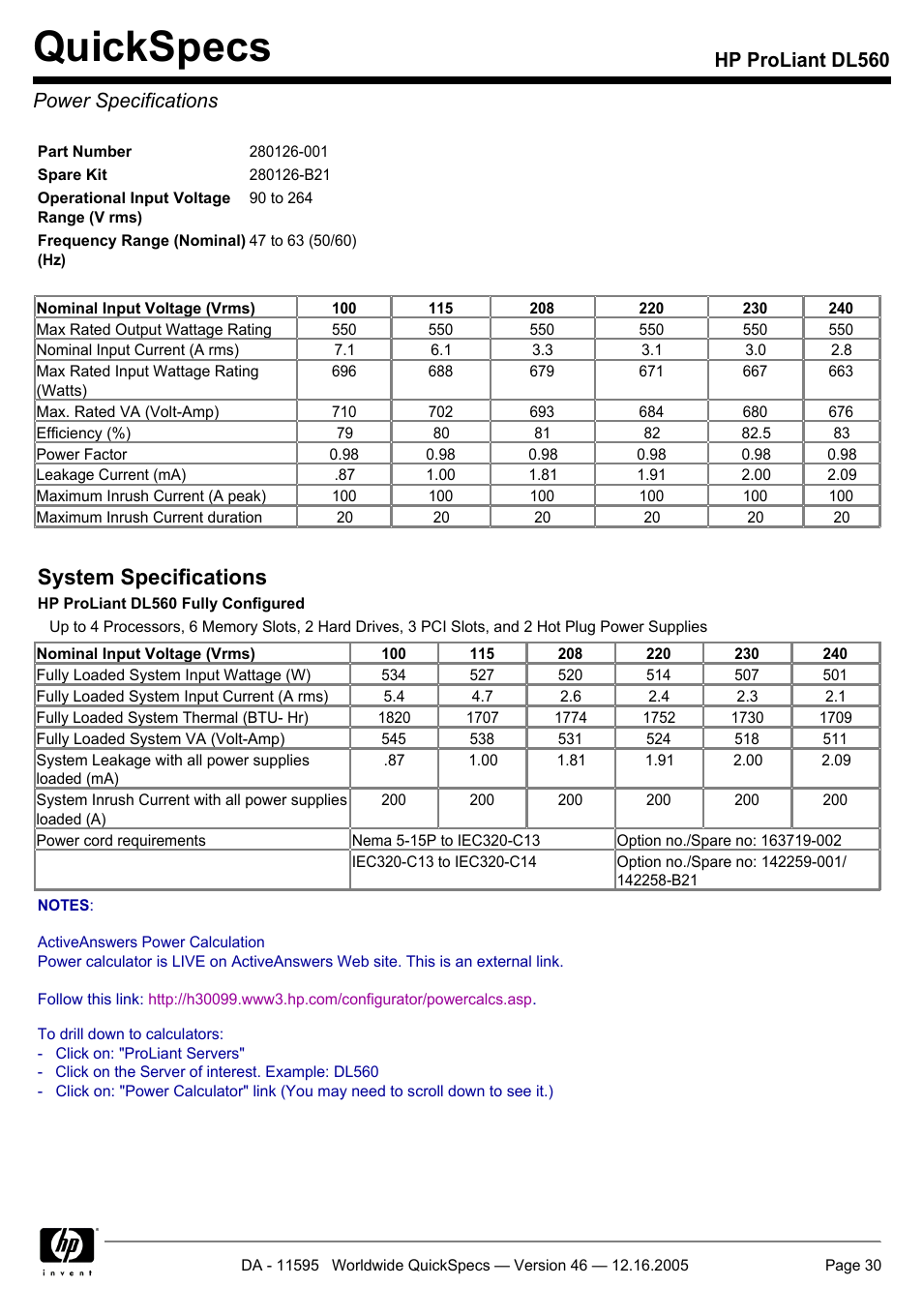 Power specifications, Quickspecs, System specifications | Hp proliant dl560 power specifications | HP DL560 User Manual | Page 30 / 35