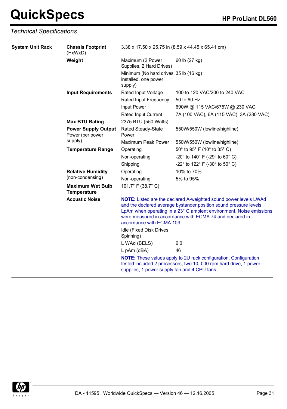 Technicalspecifications, Quickspecs, Hp proliant dl560 technical specifications | HP DL560 User Manual | Page 31 / 35