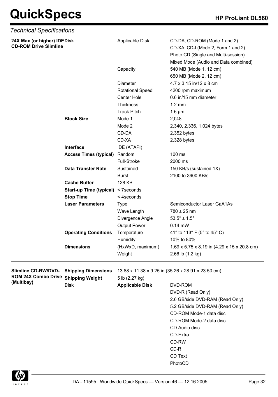 Quickspecs, Hp proliant dl560 technical specifications | HP DL560 User Manual | Page 32 / 35