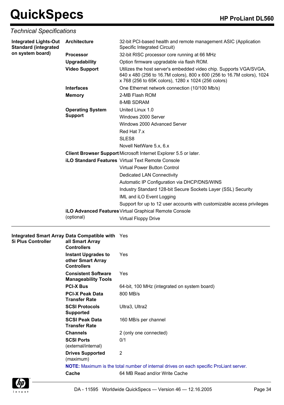 Quickspecs, Hp proliant dl560 technical specifications | HP DL560 User Manual | Page 34 / 35