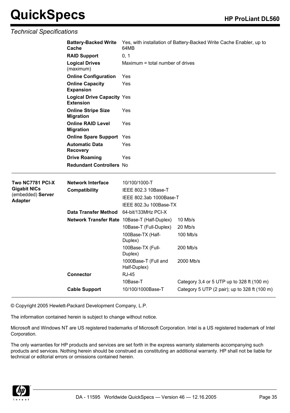 Quickspecs, Hp proliant dl560 technical specifications | HP DL560 User Manual | Page 35 / 35