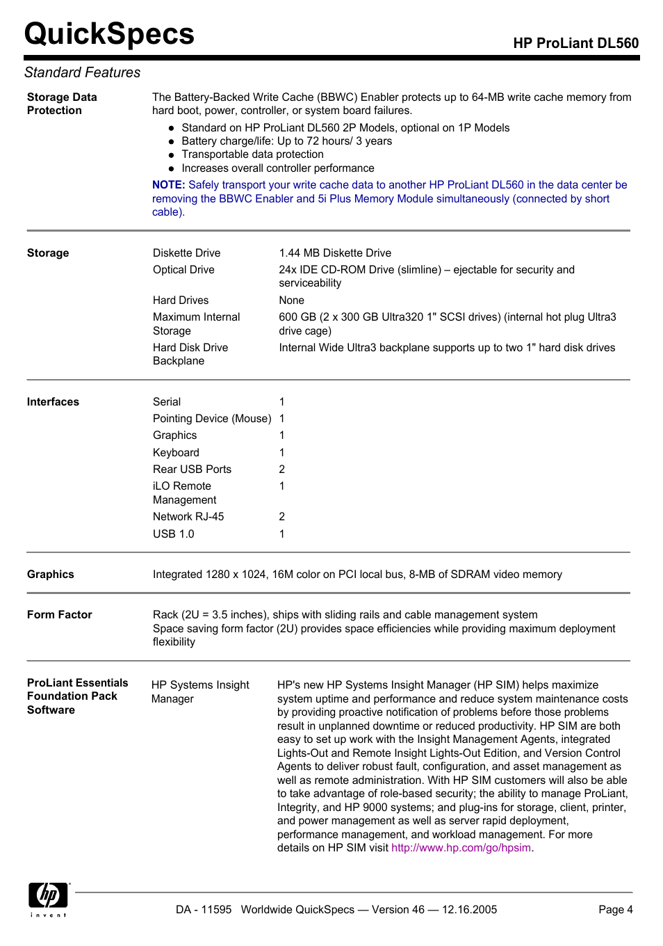 Quickspecs, Hp proliant dl560 standard features | HP DL560 User Manual | Page 4 / 35