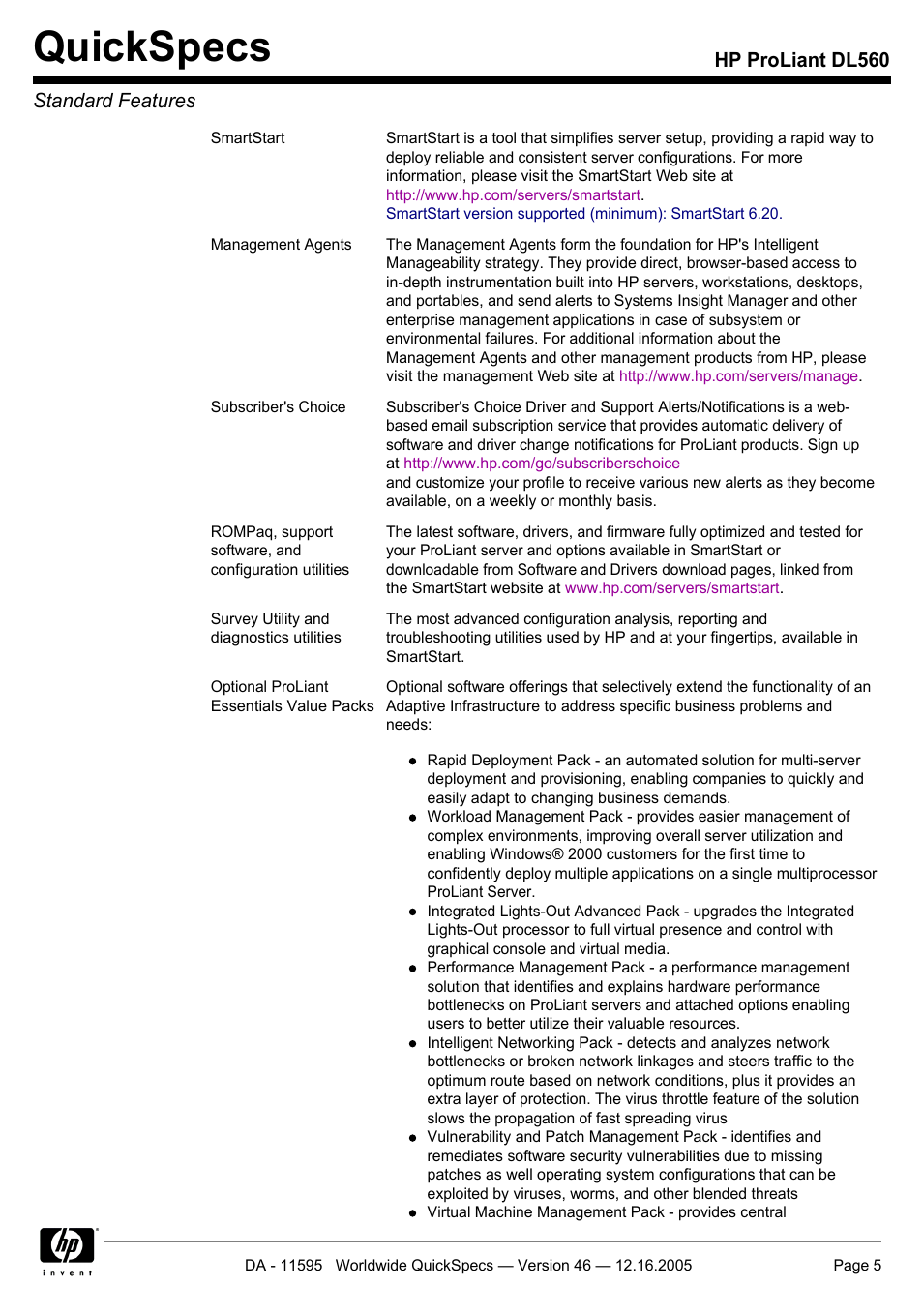 Quickspecs, Hp proliant dl560 standard features | HP DL560 User Manual | Page 5 / 35