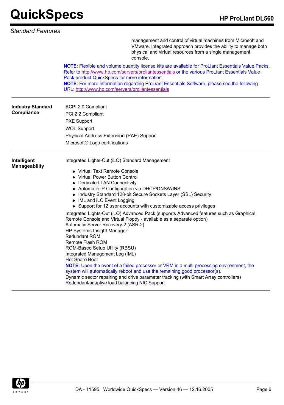 Quickspecs, Hp proliant dl560 standard features | HP DL560 User Manual | Page 6 / 35